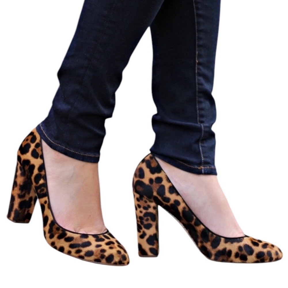 J. Crew Collection Stella Leopard Calf Hair Chunky Heels Pumps - 8.5